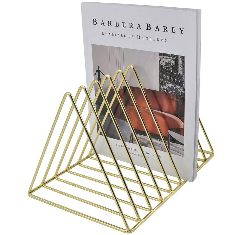 EASEPRES Gold File Holder Organizer, Triangle Record Album Holder Magazine Wire Rack, 9 Slot Multifunction Desktop Storage Decor for Home Office - Image 1